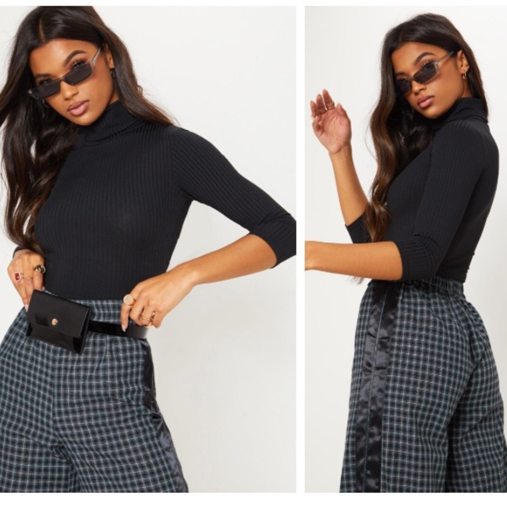 Black rib long sleeve roll neck crop top